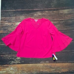 Peter Nygard V-Neck Vibrant Pink Flare Sleeve Blouse With Ruffles Petite Medium